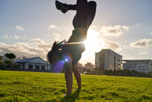 Athletic Young Man Doing Handstand In Sunny Park Grass