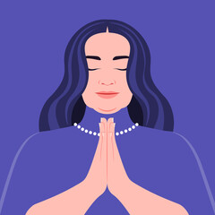 A curvy woman is praying God. Face with closed eyes. Meditation. Vector flat illustrations