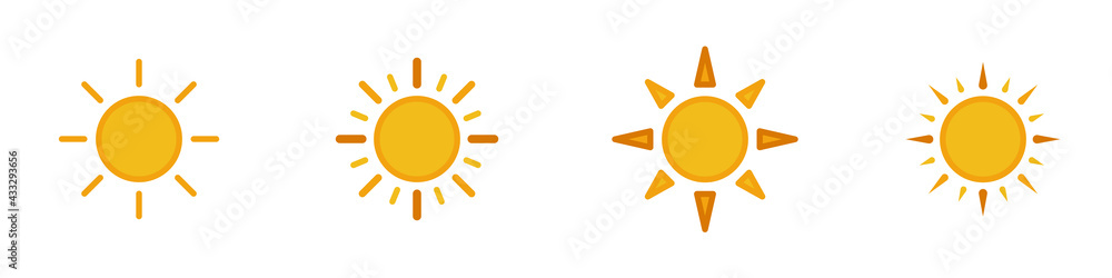 Conjunto de iconos de sol amarillo estilo silueta amarillo. Sol, astro, luz. Concepto de amanecer. Ilustración vectorial - obrazy, fototapety, plakaty 