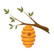 An Illustration of a beehive suspended from a tree..Yellow bee hive on a white background. Stock illustration of bee house with a circular entrance