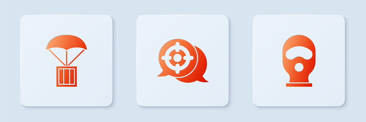 Sticker - Set Target sport, Airdrop box and Balaclava. White square button. Vector