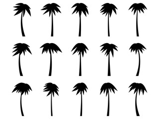 Wall Mural - Set of black silhouettes of palm trees isolated on white background. Large collection of palm tree designs for posters and promotional items. Vector illustration