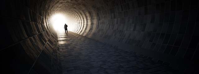 Wall Mural - Concept or conceptual dark tunnel with a bright light at the end or exit as metaphor to success, faith, future or hope, a black silhouette of walking man to new opportunity or freedom 3d illustration