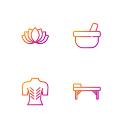 Sticker - Set line Massage table, , Lotus flower and Mortar and pestle. Gradient color icons. Vector