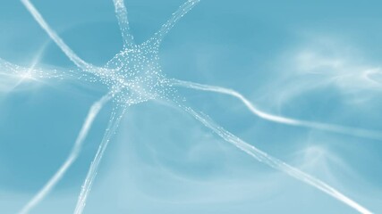 Wall Mural - artistic transparent flickering and glowing neuron brain cell on bright blue copy space background w