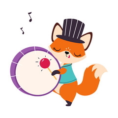 Poster - Circus Fox Animal in Top Hat Beating Drum Performing Trick Vector Illustration