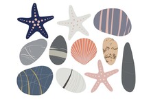 Beach Pebbles, Sea Star, Shell Set. Hand Drawn Various Shapes. Modern Illustration In Vector. Different Shapes, Colors And Textures Set. Various Forms Of Sea Rock Pebbles Isolated On White Background.