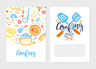 Wall Mural - Cooking Time Logo Design, Culinary School, Class, Blog Flyer, Card, Brochure with Kitchenware Utensils, Cooking Ingredients Pattern and Space for Text Vector Illustration