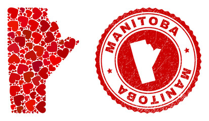 Canvas Print - Mosaic Manitoba Province map composed with red love hearts, and rubber seal. Vector lovely round red rubber seal stamp imprint with Manitoba Province map inside.