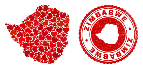 Wall Mural - Collage Zimbabwe map composed with red love hearts, and rubber seal stamp. Vector lovely round red rubber seal imitation with Zimbabwe map inside.