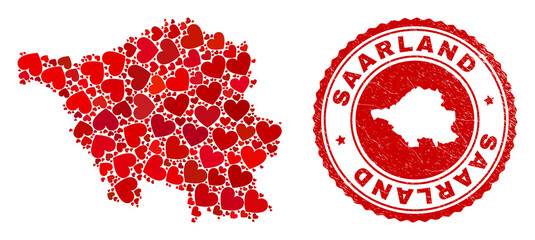 Wall Mural - Mosaic Saarland Land map created with red love hearts, and scratched seal stamp. Vector lovely round red rubber seal imitation with Saarland Land map inside.