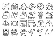 Set Of Icons On The Theme Of Recreation, Vacation, Tourism, Travel In Doodle Style. Hand Drawn. Travel Icon Set.