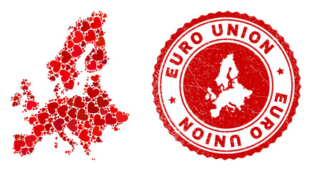 Canvas Print - Collage Euro Union map designed with red love hearts, and unclean stamp. Vector lovely round red rubber stamp imprint with Euro Union map inside.