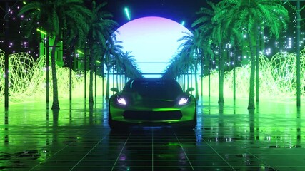 Wall Mural - Car and city in neon style. 80s retro wave background 3d animation. Retro futuristic car drive through neon city. 3d render of seamless loop