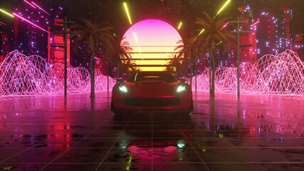 Wall Mural - Car and city in neon style. 80s retro wave background 3d animation. Retro futuristic car drive through neon city. 3d render of seamless loop