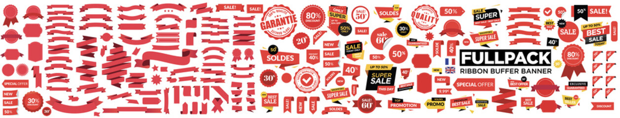 Wall Mural - set of red ribbons, banners, badges, labels
