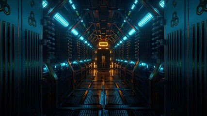 Sticker - Flying in a spaceship tunnel, a sci-fi shuttle corridor. Futuristic abstract technology. Technology and future concept. Flashing light. 3d Animation of seamless loop.