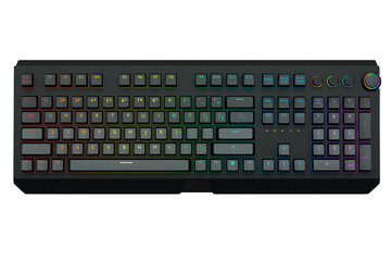 Black computer keyboard with rgb colors isolated on white background.