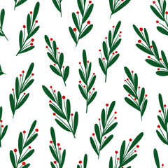 Hand-drawn seamless pattern of decorative branches of mistletoe green color on white background. Perfect for textile, prints, packaging, scrapbooking, wrapping paper, gift bags. Digital illustration