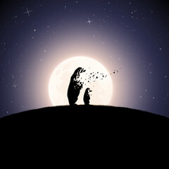 Sticker - bear family on moonlight night. endangered animal. death and afterlife