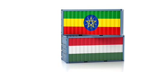 Two freight container with Ethiopia and Hungary flag. Copy space on the left side - 3D Rendering