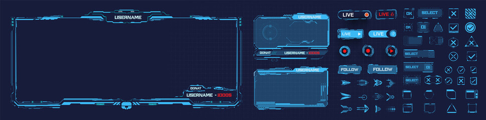 Digital frame technology UI,UX Futuristic HUD, FUI, Virtual Interface. A design template for a set of frames , buttons, and overlay cursors for game streaming. Futuristic info boxes layout templates.