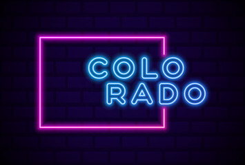 Canvas Print - colorado US state glowing neon lamp sign Realistic vector illustration Blue brick wall glow