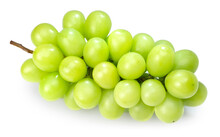 Japanese Shine Muscat Grape With Leaves Isolated On White Background,Sweet Green Grape Isolated On White With Clipping Path.