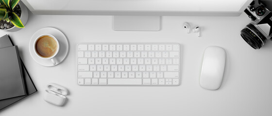 3D rendering, white computer table with coffee cup, camera and supplies, top view