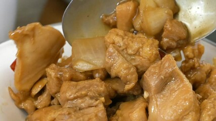 Poster - Serving Kung Pao Chicken close up super slow motion
