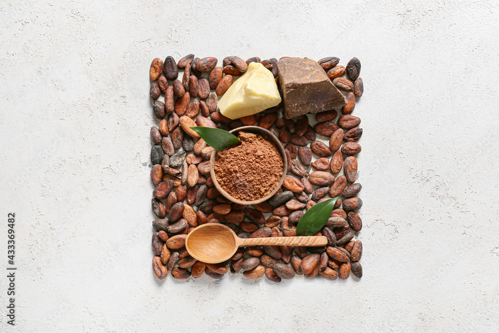 Cocoa beans, powder and butter on light background