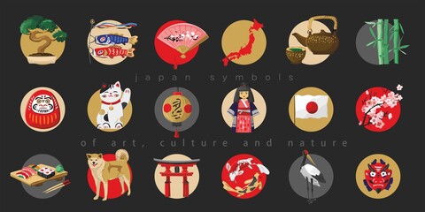 Big set of decorative Japanese culture symbols of art, traditions, history, nature. Traditional Japanese elements for souvenir decoration, promo goods, tourist guide maps. Vector illustration.