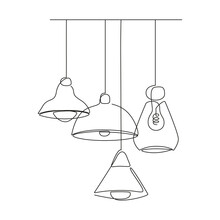 Loft Lamps Collection And Lampshades In One Line Drawing. Vector Illustration Of Hanging Modern Chandelier And Pendant Lamps With Edison Bulbs