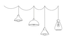 Loft Lamps Collection And Lampshades In One Line Drawing. Horizotal Vector Illustration Of Hanging Modern Chandelier And Pendant Lamps With Edison Bulbs