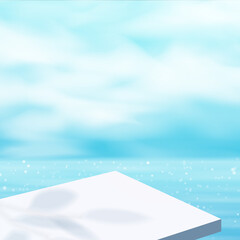 Wall Mural - Empty modern white color table for pedestal product display, summer beach with blue sea and sky background.