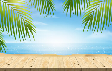 Wall Mural - Empty wood table for product presentation, summer beach with blue sea and sky banner background.
