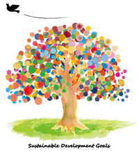 SDGsイメージの水彩手描きの大樹と鳩