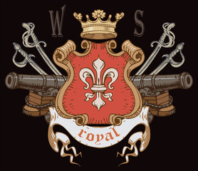 vector image of a medieval coat of arms with knights in armor, ancient style graphics