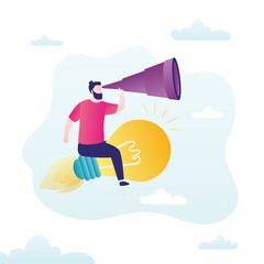 Wall Mural - Businessman flies on big light bulb. Male character looking for investors for ideas