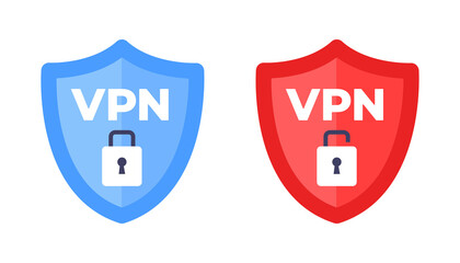 Wall Mural - Wireless shield with text VPN and no VPN wifi icon sign flat design vector illustration. Wifi internet signal symbols in the security shield isolated on white background.
