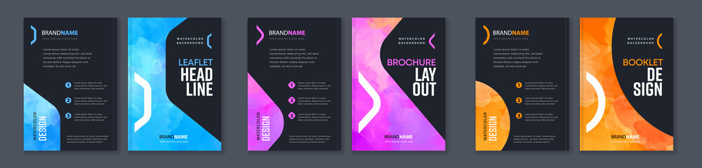 Wall Mural - watercolor booklet brochure colourful abstract cover template bundle set with black background