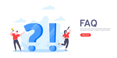 Q and A or FAQ concept with tiny people characters, big question and exclamation mark, frequently asked questions template. Answers business support concept flat style design vector illustration.