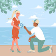 © IrDesign - The young guy got down on one knee and proposes to his girlfriend on the embankment by the sea. Couple in love at the resort. Flat vector illustration
