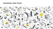 Business Case Study Isometric Concept. People Analyze Real-life Scenarios Of Doing Business By A Successful Company
