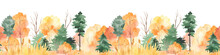Watercolor Seamless Border With Autumn Forest, Fir Trees, Pines, Autumn Trees And Bushes