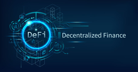 DeFi Decentralized Finance banner for decentralized financial system, cryptocurrency, blockchain, and digital asset. Futuristic vector landing page concept background.