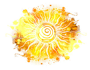 Wall Mural - Symbol bright colorful sun. T-shirt print. Mixed media. Vector Illustration.