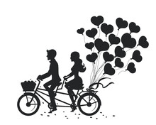 Romantic Couple Man And Woman On A Date Driving Bike With Heart Balloons Silhouette