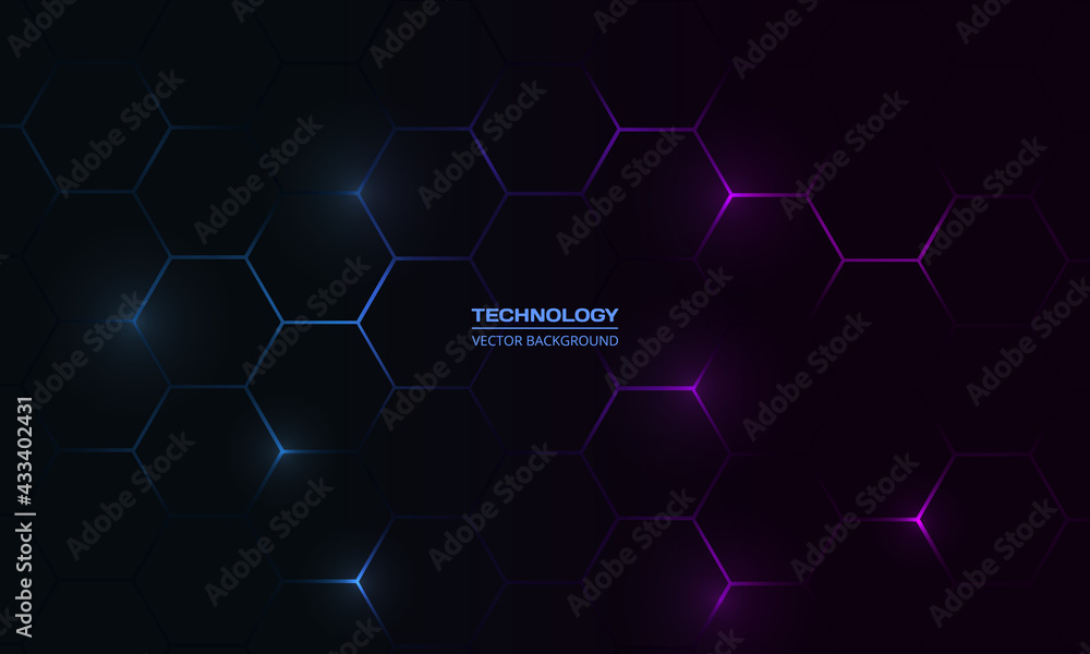 Dark hexagonal technology abstract vector background with blue and pink ...