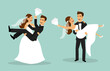 Just married funny couple, bride and groom carry each other after wedding ceremony
